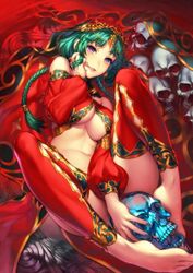 barefoot fate/grand_order fate_(series) green_hair hand_on_own_cheek looking_at_viewer purple_eyes salome_(fate/grand_order) simosi skull smile