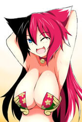 1girls animal_ears arms_behind_head black_hair blue_eyes blush breasts cat_ears cleavage ibaraki_douji_(onigiri) large_breasts long_hair looking_at_viewer multicolored_hair oerba_yun_fang one_eye_closed onigiri_(mmorpg) open_mouth red_hair wink