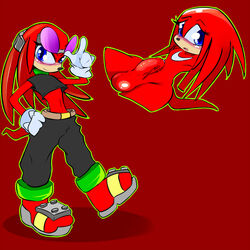 1:1 anthro balls blue_eyes blush clothed clothing eulipotyphlan femboy foreskin furry gynomorph hedgehog intersex knuckles_the_echidna mammal nude penis red_background simple_background sonic_(series) trap white_crest