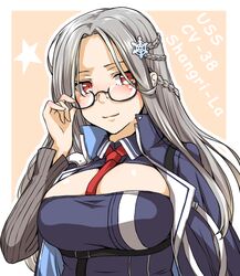 adjusting_glasses azur_lane big_breasts blue_coat blue_dress blush braid breasts cleavage cloak collared_dress dress female french_braid glasses grey_hair hair_ornament large_breasts long_sleeves looking_at_viewer necktie red_eyes red_necktie semi-rimless_glasses shangri-la_(azur_lane) sidelocks smile snowflake_hair_ornament