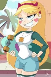 1girl 1girls 2010s 2017 aged_up bangs blonde_hair blue_bottomwear blue_eyes blush_stickers breasts confidence confident confident_smile cosplay dalley_le_alpha day denim_shorts disney disney_channel disney_xd eyebrows_visible_through_hair female female_only front_view grin half-closed_eyes hand_on_hip headband heart heroine holding_object holding_skateboard horned_headwear jackie_lynn_thomas jackie_lynn_thomas_(cosplay) jean_shorts light-skinned_female light_skin long_hair long_hair_female long_sleeves medium_breasts moderate_tomboy necklace outdoors outside shiny_hair short_shorts shorts skateboard skindentation smile smirk solo solo_female standing star_butterfly star_vs_the_forces_of_evil teenage_girl teenager teeth thick_thighs thigh_highs thighhighs thighs tomboy two_tone_legwear two_tone_legwear_(greenandwhite) up_close watermark western_art western_cartoon white_female wide_hips