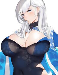 alternate_costume azur_lane bangs belfast_(azur_lane) biting biting_clothes black_dress blue_eyes braid breasts chains chinese_clothes cleavage cleavage_cutout collar covered_navel dress earrings female french_braid jewelry large_breasts looking_at_viewer see-through silver_hair