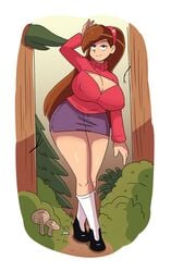 1girls aged_up big_breasts breasts brown_hair cleavage cleavage_cutout disney disney_channel disney_xd female full_body gravity_falls hand_on_head huge_breasts legs long_hair looking_at_viewer mabel_pines rexcrash64 skirt smile solo source_request straight_hair sweater thighs white_female