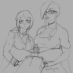 2girls big_breasts black_and_white blush choker glasses handjob jumbogumbo kyoka_jiro mika_jiro mother_and_daughter my_hero_academia tie uniform unseen_male_face