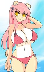 anthro big_breasts bikini breasts canid canine canis clothing domestic_dog female fur hair lucille_lilac mammal nipple_bulge nipple_outline pink_hair seaside solo sugaru swimwear yellow_eyes