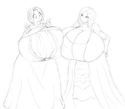 2girls adella_the_nun arianna_(bloodborne) bloodborne breast_to_breast breasts cleavage dress female female_focus female_only fromsoftware huge_breasts hyper hyper_breasts marauder6272 nun prostitute seductive_look short_hair sketch