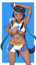 1girls :p abs alternate_breast_size areolae arm_up armpits big_breasts bike_shorts black_hair blue_background blush bracelet breasts breath clothed dark-skinned_female dark_skin devilukez earrings eye_contact female gym_leader heavy_breathing high_resolution holding holding_object holding_poke_ball hoop_earrings human inverted_nipples jewelry long_hair looking_at_viewer medium_breasts multicolored_hair navel necklace nessa_(pokemon) nintendo nipples one_arm_up poke_ball pokemon pokemon_ss shirt shirt_lift solo source_request spats sportswear steam tank_top text thigh_gap tongue tongue_out two-tone_hair white_border