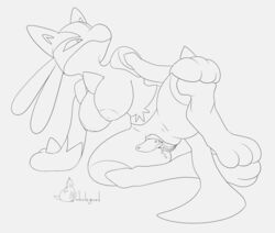 1girls 2019 anthro anthrofied big_clitoris bodily_fluids breasts canine clitoris enlarged_clitoris erect_clitoris feet female furry genital_fluids hi_res huge_clitoris large_breasts line_art lucario lying monochrome nintendo nude original_character paws pokemon pokemon_(species) pokemon_dppt pussy pussy_juice spikes text thick_thighs video_games watermark wet whalegourd wide_hips