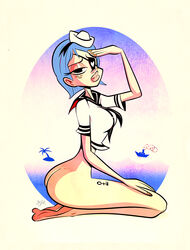 ass blue_hair bottomless eyepatch female freckles sailor solo tattoo themrock