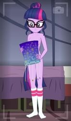 accurate_art_style animated averting_eyes blushing camera_flash embarrassed_nude_female enf equestria_girls glasses hasbro holding_object legend_of_everfree my_little_pony naked_female no_sound randomtriples sci-twi socks_only strategically_covered strategically_placed_object taking_picture teenager twilight_sparkle_(mlp) unseen_character video