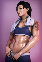 3d 3d_(artwork) abs asarimaniac black_hair blue_eyes commander_shepard female female_only femshep freckles mass_effect ponytail short_hair solo solo_female sports_bra sweaty tattoo towel towel_around_neck