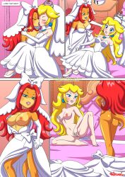 2girls bbmbbf blonde_female blonde_hair blue_eyes bridal_gown bridal_veil bride bride_and_bride carrying choker comic earrings interspecies kissing large_breasts lesbian light-skinned_female mario_(series) multiple_girls nintendo nude_female palcomix peach_x_wendy_3_(comic) princess_peach pussy red_hair super_mario_bros. super_mario_odyssey tail undressing wedding_dress wedding_peach_(super_mario_odyssey) wedding_veil wendy_o._koopa wife_and_wife yuri