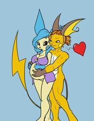 1boy 1girls 2015 4_fingers anthro bally_button belly big_belly blue_hair bottomless brown_eyes clothed clothing female fingers green_eyes hair hand_on_stomach heart inkwell-pony male mammal minun nightgown nintendo nude olivia_(luircin) open_mouth original_character pokémon_(species) pokemon pokemon_(species) pokemon_rgby pokemon_rse pokemorph pregnant pussy raichu rodent scrunchie standing story story_in_description teeth thick_thighs thor_volt_(swordfox) video_games wide_hips