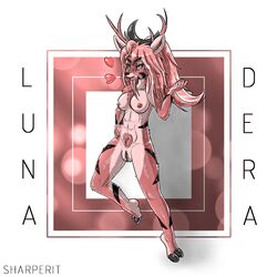 1:1 anthro breasts cervid equid equine female hair hi_res line_art love lunadera mammal nude pink_hair pussy shaded sharperit solo