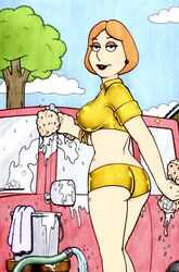 1girls ass big_breasts blue_sky breasts car car_wash earrings erect_nipples family_guy legs lois_griffin looking_at_viewer looking_back mascara midriff milf outdoors parted_lips red_hair red_lipstick rplatt short_hair short_shorts shorts sideboob smile soap