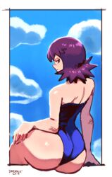 1girls 2019 ass big_ass big_butt blue_swimsuit breasts brown_eyes bubble_butt curvaceous dreaminerryday female fingernails huge_ass human human_only large_breasts light_skin looking_back nintendo one-piece_swimsuit pale-skinned_female pale_skin philena_ivy pokemon pokemon_professor pokemon_rgby purple_hair short_hair skin_tight sky_background swimsuit text thick_thighs watermark white_border wide_hips