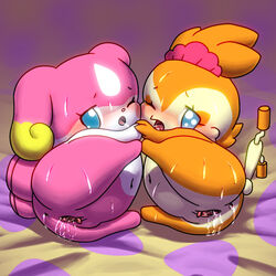 1:1 anthro anus bed_sheet bedding blue_eyes blush bodily_fluids cocotama duo eyelashes featureless_limbs female fur hand_holding himitsu_no_cocotama lying mammal multicolored_fur nude orange_fur pink_fur presenting presenting_pussy pussy saliva suei_(cocotama) sweat tan_fur teppuru_(cocotama) two_tone_fur white_fur 九尾