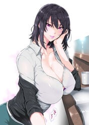 1girls black_hair blush book bra breasts bursting_breasts cleavage collarbone cup erect_nipples eye_contact eyelashes eyeshadow fei_(maidoll) female handjob highres huge_breasts large_breasts lips lipstick looking_at_another looking_at_viewer makeup my_teen_romantic_comedy_snafu penis pink_eyes pink_lips pink_lipstick pov pov_eye_contact purple_bra purple_eyes school_uniform seductive_smile shiny shiny_skin short_hair smile solo table thick_lips underwear yukinoshita_haruno