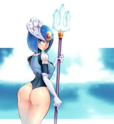 ass back_view beauty_mark blue_eyes capcom female gloves helmet mega_man mega_man(classic) olavnsfw robot simple_background solo splash_woman