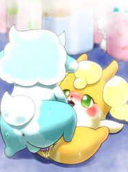 anthro anthro_on_anthro anus ass awawa_(cocotama) blue_fur blush cocotama duo featureless_limbs female fur green_eyes himitsu_no_cocotama lying male mammal multicolored_fur nude on_back open_mouth parine penetration penis pussy sarine sex straight two_tone_fur vaginal_penetration white_fur yellow_fur 九尾