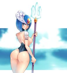 ass back_view beauty_mark blue_eyes capcom female helmet mega_man mega_man(classic) nipples olavnsfw robot sideboob simple_background solo splash_woman