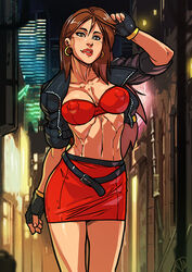 abs athletic blaze_fielding brown_hair busty cleavage crop_top female female_only ganassa jacket long_hair muscle_tone pose posing sega skirt sleeves_rolled_up streets_of_rage streets_of_rage_4