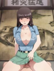 1boy 1girls animated bangs belt big_breasts black_belt blue_shirt blunt_bangs blush bouncing_breasts breasts brown_eyes brown_hair censored cleavage clothed_female_nude_male clothed_sex collarbone cowgirl_position eye_contact eyebrows_visible_through_hair female girls_und_panzer green_skirt hairy_pussy half-closed_eyes huge_breasts indoors jewelry large_breasts lifted_by_self long_hair looking_at_viewer male_pov married_woman mature mature_female microskirt milf moaning_in_pleasure mosaic_censoring mushiro_(nijie728995) nishizumi_shiho no_panties on_top open_mouth penis pleated_skirt pov pov_eye_contact pubic_hair pussy riding ring sex shirt short_sleeves skirt skirt_lift solo_focus straight suspenders sweat text thick_thighs vaginal_penetration wedding_band wet wide_hips