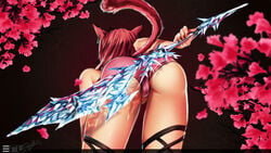 animal_ears arm_behind_back ass ass_focus bare_shoulders bent_over bikini cameltoe cat_ears cat_tail close-up cowboy_shot cross-laced_footwear earrings eru-sama faceless_female fat_mons female final_fantasy final_fantasy_xiv flower from_behind highres holding holding_weapon ice jewelry lace-up leaning_forward legs_apart miqo'te partially_visible_vulva petals pink_bikini polearm red_hair short_hair signature single_earring solo spear swimsuit tail thighs tree tree_branch weapon weapon_on_back