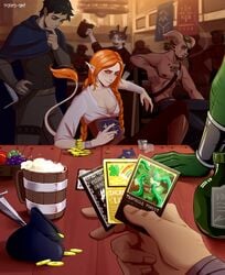 breasts card_game cards cleavage clothed daria_vulpes elf fantasy female gambling green_eyes horny-oni key'ra male orange_hair pointy_ears red_hair tail tavern twin_braids