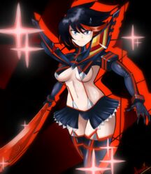 big_breasts black_hair blue_eyes breasts fanatiq holding holding_weapon kill_la_kill long_sleeves matoi_ryuuko microskirt multicolored_hair navel red_hair short_hair skirt sword thighhighs thighs underboob weapon