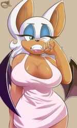 1girls animal_ears anthro bat_wings blue_eyes blue_nails breasts cleavage fangs female female_only furry hand_to_mouth large_breasts lips makeup mascara nail_polish omegasunburst one_eye_closed painted_nails rouge_the_bat sega sonic_(series) tank_top teeth tired wide_hips wings