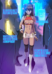 1girls 3boys abs alternate_version_available asuka_langley_sohryu black_kneehighs black_legwear black_thighhighs blue_eyes breastless_clothes breasts brown_hair clothed clothing collar comic full_body halter_top halterneck innie_pussy kneehighs landing_strip lipstick long_hair makeup mascara medium_breasts microskirt miniskirt navel_piercing neon_genesis_evangelion nipples no_panties prostitute pubic_hair pussy revealing_clothes ruined_makeup see-through see-through_clothing see_through_skirt skirt stockings tekuho thigh_highs thighhighs thighs walking