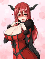 1girls archenemy_and_hero bangs blush breasts choker cleavage clothing demon_girl dress embarrassed fingers_together fur_trim hair_between_eyes horns huge_breasts long_hair looking_at_viewer maou maou_(maoyuu) maoyuu_maou_yuusha open_mouth red_dress red_eyes red_hair sweat sweatdrop zaxwu