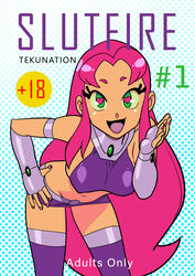 1girls alien_girl alternate_version_available bending_forward bending_over bent_over breasts dc dc_comics female green_eyes hand_in_front_of_face hand_on_hip hanging_breasts heart-shaped_pupils large_breasts leaning_forward miniskirt navel nipple_bulge open_mouth pink_hair skirt solo starfire teen_titans teen_titans_go teenager tekuho thighhighs tongue