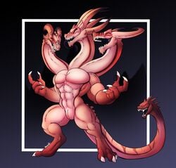 1boy 3_heads 4_toes abs animal_genitalia anthro better_version_at_source big_muscles claws cloaca closed_cloaca conjoined digitigrade dragon genital_slit grin happy hi_res horns hydra laugh lizard male male_focus male_only monster multi_head muscular muscular_male open_mouth orange_skin pinup pose reptile scalie simple_background slit smile smooth_skinned_male solo solo_focus standing tail_mouth toes undeadkitty13 western_dragon