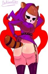 1girls ass beagood0ne breasts brown_hair clothing female female_only lifted_by_self looking_at_viewer looking_back mario_(series) mask new_super_mario_bros._2 nintendo raccoon_ears raccoon_girl raccoon_tail rule_63 seductive shy_gal simple_background solo super_mario_bros. thick_thighs tight_clothing