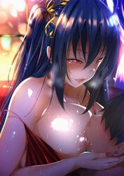 1boy ahoge azur_lane bad_id bangs bare_shoulders black_hair blush breast_sucking breasts choker cleavage cocktail_dress collarbone dress dress_pull eyebrows_visible_through_hair female fumihiko_(pixiv2658856) hair_between_eyes hair_ornament highres huge_breasts large_breasts long_hair nipples open_mouth red_choker red_dress red_eyes smile straight taihou_(azur_lane) taihou_(forbidden_feast)_(azur_lane) very_long_hair