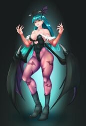 1girls 2018 bat_print capcom clothing darkstalkers demon_wings female female_only full_body gauntlets green_eyes green_hair head_wings heart_shape heel_boots hi_res leotard light_green_hair long_hair looking_at_viewer medium_breasts morrigan_aensland pantyhose pink_pantyhose pose smiling smiling_at_viewer smug solo soramin_(artist) succubus succubus_costume thick_thighs wings