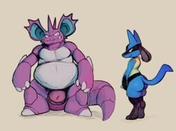 1boy ambiguous_gender anthro anthrofied ass big_belly big_ears blue_fur canid canine chubby claws daftpatriot duo eye_contact fur furry half-closed_eyes hi_res huge_ass huge_penis larger_male looking_at_viewer looking_back lucario mammal nidoking nintendo overweight overweight_male penis pokemon pokemon_(species) pokemon_dppt pokemon_rgby purple_skin red_eyes reptile scalie simple_background size_difference smile standing tail teeth thick_penis thick_thighs video_games wide_hips