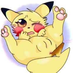 1:1 1girls 2019 3_toes 5_fingers anus ass black_nose blush brown_eyes digital_media_(artwork) eye_contact feet female feral fingers fur glistening half-closed_eyes looking_at_viewer nervous nintendo nude one_eye_closed open_mouth partially_visible_anus pawpads paws pikachu pokémon_(species) pokemon pokemon_rgby presenting presenting_pussy punchii pussy simple_background solo source_request text toes video_games watermark yellow_fur