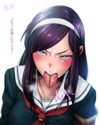 2018 angry artist_name bangs blue_eyes blush breasts breath dated female hairband half-closed_eyes hero_neisan high_resolution large_breasts long_hair looking_at_viewer mole_above_mouth neckerchief nose_blush original purple_hair red_neckerchief red_neckwear sailor_collar school_uniform serafuku shiny shiny_hair shiny_skin simple_background solo steam swept_bangs tongue tongue_out upper_body very_high_resolution white_background white_hair_ornament white_hairband