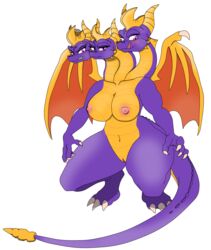 3_heads activision bat_wings breasts conjoined crouching dragon female gadjil974 hi_res hydra large_breasts membrane_(anatomy) membranous_wings multi_head nude pussy scalie spyro spyro_the_dragon thick_thighs video_games white_background wings