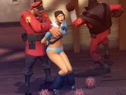 1girls 2boys breasts demoman female femscout male nipples panties rape scout scout_(team_fortress_2) soldier soldier_(team_fortress_2) team_fortress_2 underwear