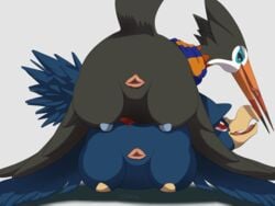 4:3 absurd_res ambiguous_gender animal_genitalia ass avian beak bird blue_eyes butt_focus cloaca duo feathers feral feral_on_feral half-closed_eyes hi_res imminent_sex looking_at_another looking_at_partner murkrow nintendo on_top open_mouth original_character owlletta pokémon_(species) pokemon pokemon_gsc pokemon_sm presenting presenting_cloaca raised_tail red_eyes scarf simple_background smile text tongue tongue_out trumbeak video_games watermark wings