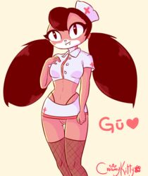 2019 anthro biped black_hair blouse bottomwear breasts clothing creamy_kitty digital_media_(artwork) eyelashes eyewear female glasses gu_(diives) gū_(diives) hair legwear non-mammal_breasts nurse pink_scales pussy reptile scales scalie skirt slit_pupils small_breasts snake solo thick_thighs thigh_gap thigh_highs xingzuo_temple