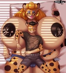 anthro betsibi big_breasts big_lips black_nipples blonde_hair cheetah closed_eyes feline furry gigantic_breasts huge_breasts hyper_breasts lactation lipstick mammal milf milking mother nipples open_mouth pink_lipstick plankboy sergio_(plankboy) size_difference sleeping smaller_male