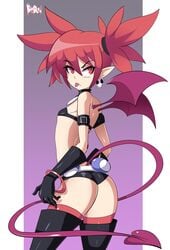 1girls angry ass bigdeadalive black_boots black_bra black_gloves choker demon demon_girl demon_tail demon_wings disgaea disgaea_1 etna flat_chest looking_at_viewer looking_back nippon_ichi_software pout pouting red_eyes red_hair red_tights thin white_belt