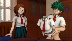 1boy 2girls 3d animated bent_over bouncing_breasts breasts clothed cuckquean devilscry erection female green_eyes green_hair hair human invisible izuku_midoriya male my_hero_academia no_sound nude ochako_uraraka panties panties_aside partially_clothed penetration penis school_uniform sex sex_from_behind short_hair shorter_than_10_seconds source_filmmaker standing standing_sex straight sunset tooru_hagakure underwear vaginal_penetration video