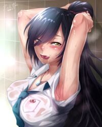 /// 2d adjusting_hair after_fellatio armpits arms_behind_head artist_signature bangs bathroom black_hair blush breasts checkered_wall cum cum_in_mouth dated dog_tags erect_nipples erect_nipples_under_clothes eyes_visible_through_hair female female_only hair_between_eyes hero_neisan high_resolution idolmaster large_breasts large_filesize licking_lips light-skinned_female light_skin long_hair looking_at_viewer naughty_face necktie nipples nose_blush pale-skinned_female pale_skin ponytail saliva see-through shiny shiny_hair shiny_skin shirase_sakuya shirt solo steam stray_pubic_hair sweat sweatdrop the_idolm@ster:_shiny_colors tied_hair tongue tongue_out upper_body very_high_resolution very_long_hair white_shirt yellow_eyes