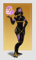 alien blush bodysuit boots breasts corruption female_only femsub glowing glowing_eyes large_breasts latex mass_effect polmanning purple_skin quarian rotem_dishon simple_background small_breasts solo tali'zorah_nar_rayya tech_control thigh_boots western